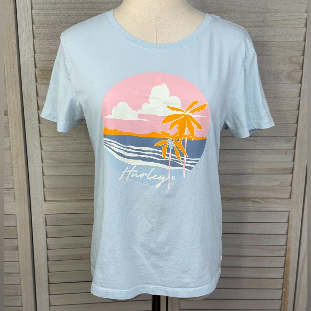 HURLEY Graphic Palm Trees Cropped T-Shirt Blue/Multi-Medium